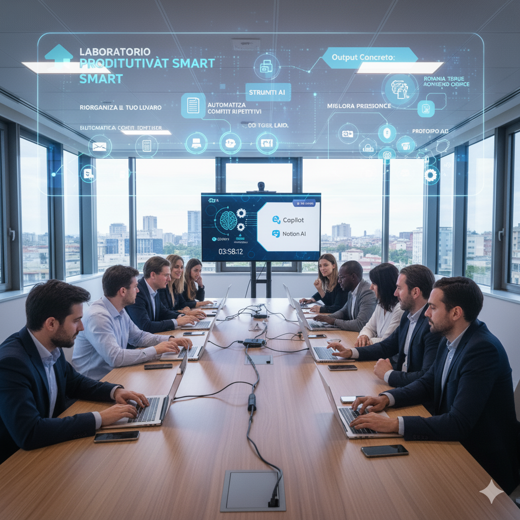 Team Helea in riunione per la Produttività Smart e l'ottimizzazione dei Flussi di Lavoro con AI Experience Lab.